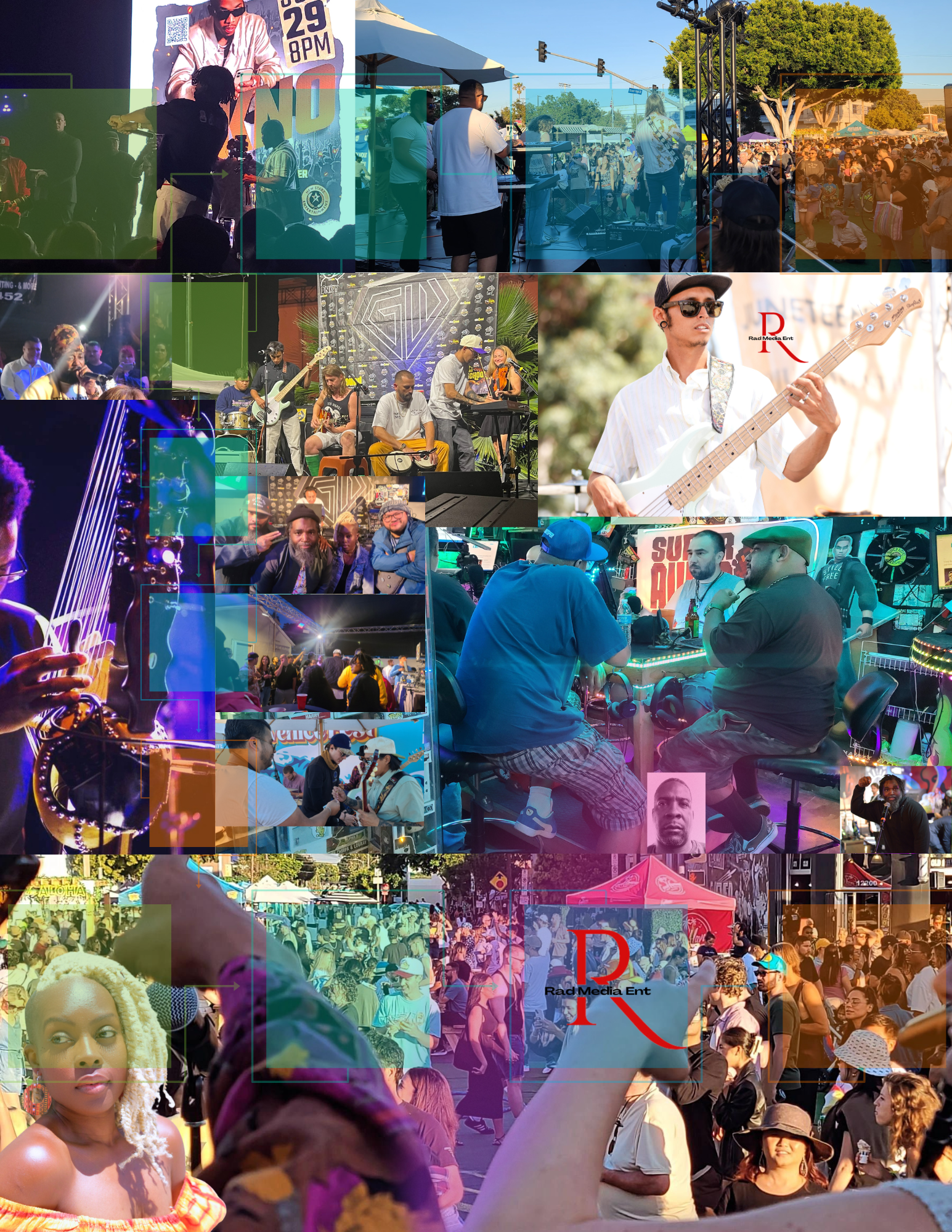 Live performance collage representing RadMedia Presents show concepts